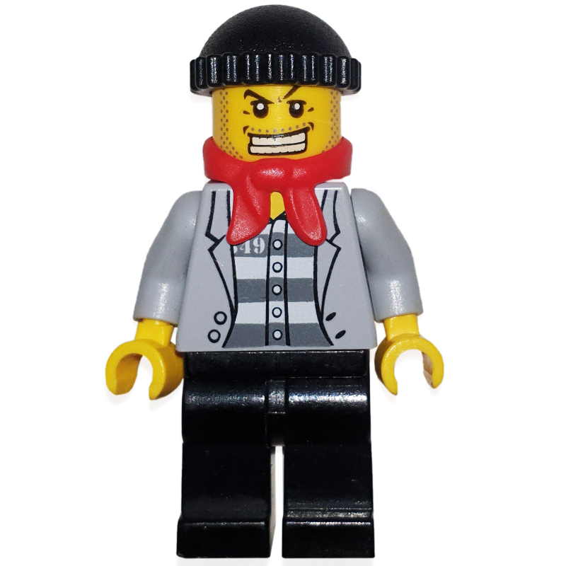 LEGO Criminal, Open Light Bluish Gray Jacket over Prison Shirt, Black Hat, Red Scarf, Gold Tooth (fig-000798)