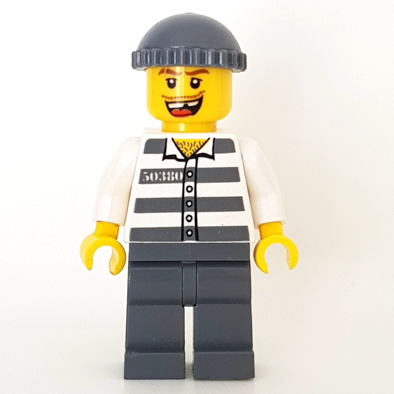 LEGO Criminal, Prison Shirt with #50380, Dark Bluish Gray Legs, Dark Bluish Gray Hat, Missing Tooth (fig-000800)