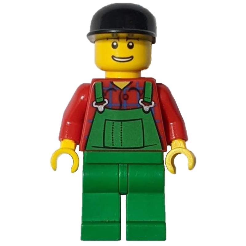 LEGO Man, Green Overalls over Red Shirt, Black Cap (fig-000801)