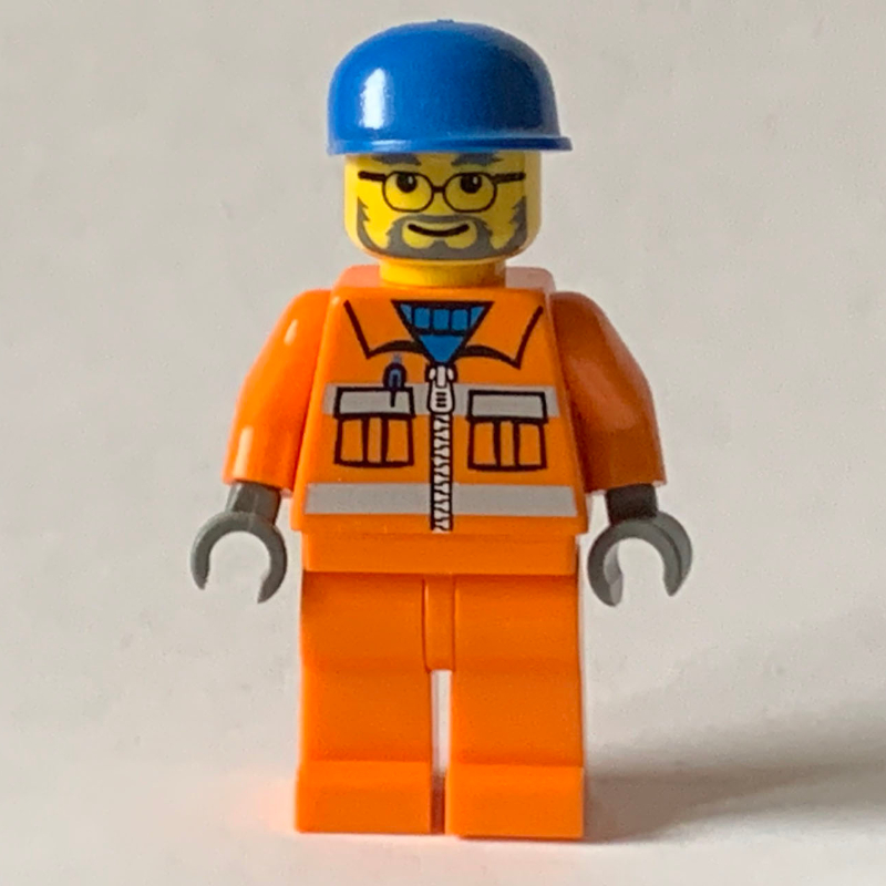 LEGO Construction Worker in Orange Jacket with Zipper and Reflective Stripes, Blue Cap, Gray Beard (fig-000807)