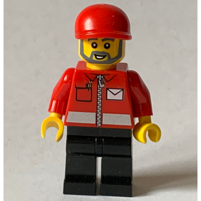 LEGO Postal Worker, Red Jacket with Zipper and Letter Logo, Black Legs, Red Cap, Beard (fig-000808)
