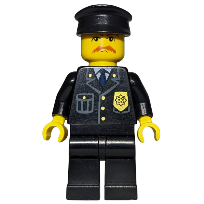 LEGO Policeman, Black Jacket with Pocket and Badge, Black Cap, Moustache (fig-000812)