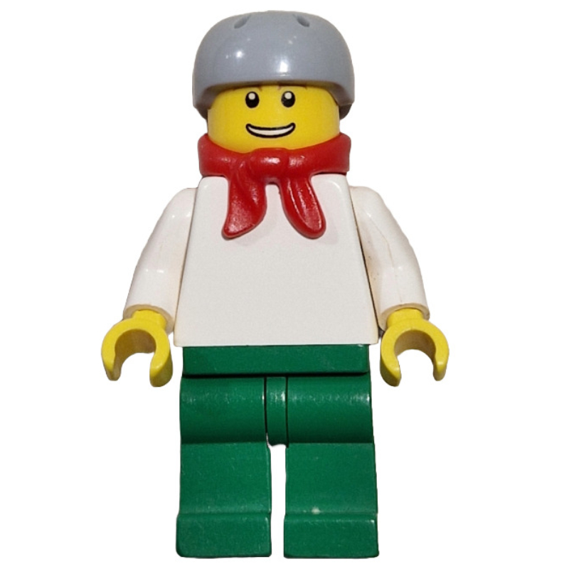 LEGO Man, Plain White Torso, Green Legs, Light Bluish Gray Helmet, Red Scarf (fig-000813)
