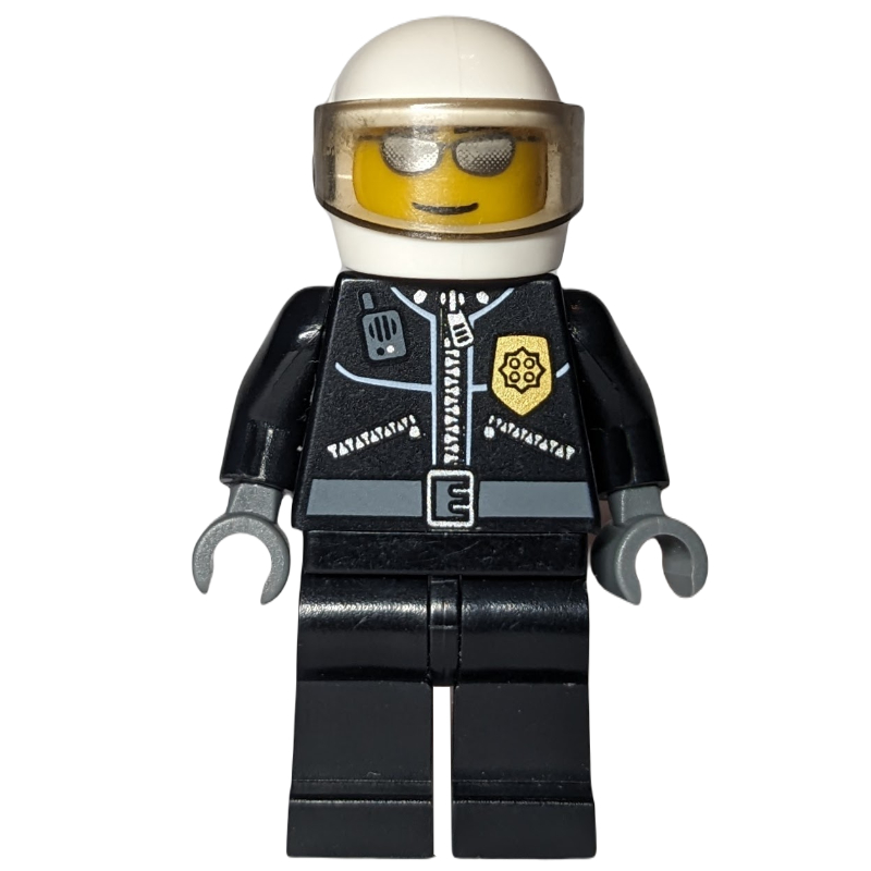 LEGO Policeman, Black Jacket with Radio and Badge, White Helmet with Visor, Sunglasses (fig-000817)