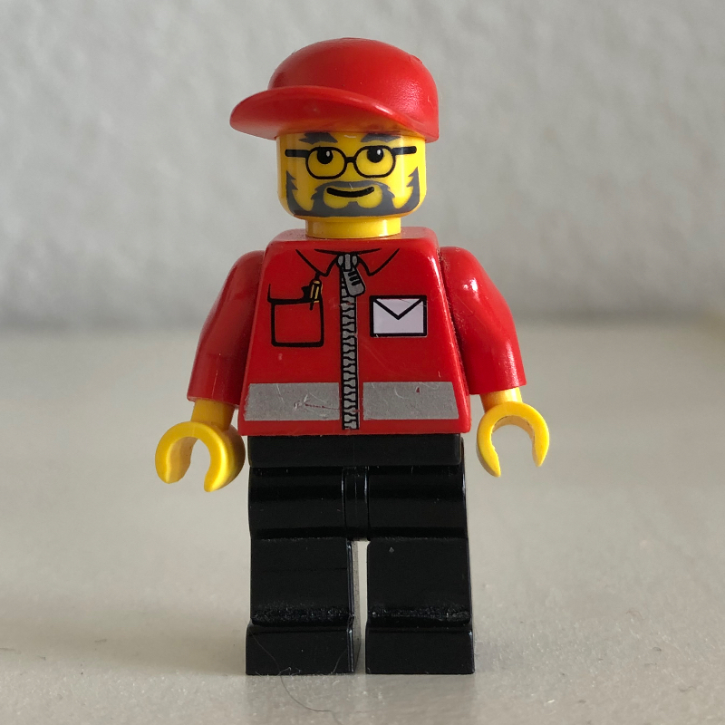 LEGO Postal Worker, Red Jacket with Zipper and Letter Logo, Black Legs, Red Cap, Beard and Glasses (fig-000818)