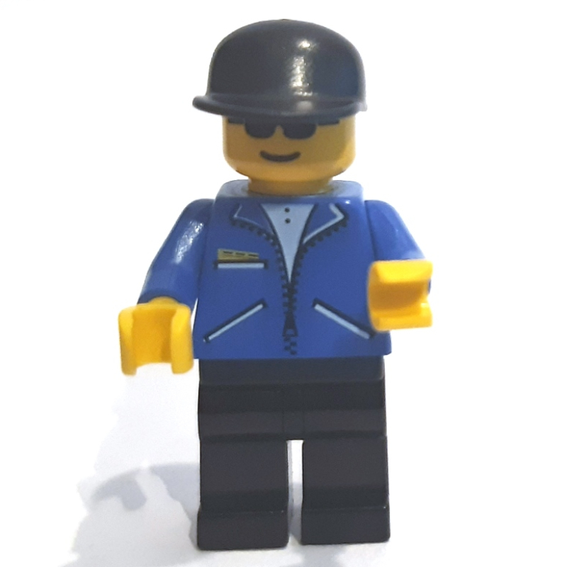 LEGO Man, Blue Jacket with Zipper, Black Legs, Black Cap, Sunglasses (fig-000820)