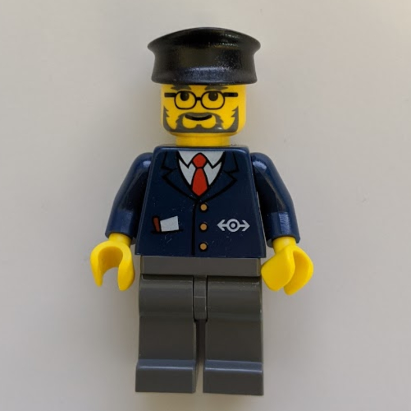 LEGO Train Worker, Blue Jacket with Train Logo, Black Hat, Beard and Glasses (fig-000827)