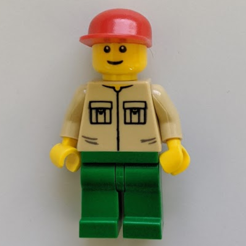 LEGO Man, Tan Shirt with Pockets, Green Legs, Red Cap (fig-000828)