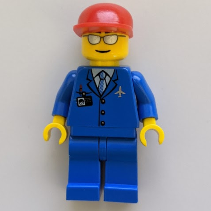 LEGO Pilot, Blue Jacket with Plane Logo and Blue Tie, Red Cap, Sunglasses (fig-000829)