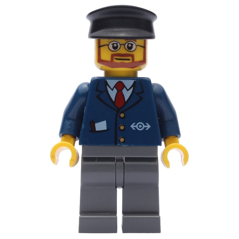 LEGO Train Worker, Dark Blue Jacket with Train Logo, Black Hat, Beard and Glasses (fig-000830)