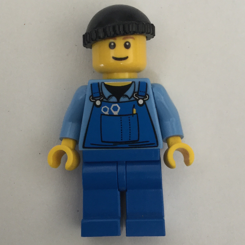 LEGO Man, Blue Overalls over Shirt, Blue Legs, Black Hat, Reddish Brown Eyebrows (fig-000831)