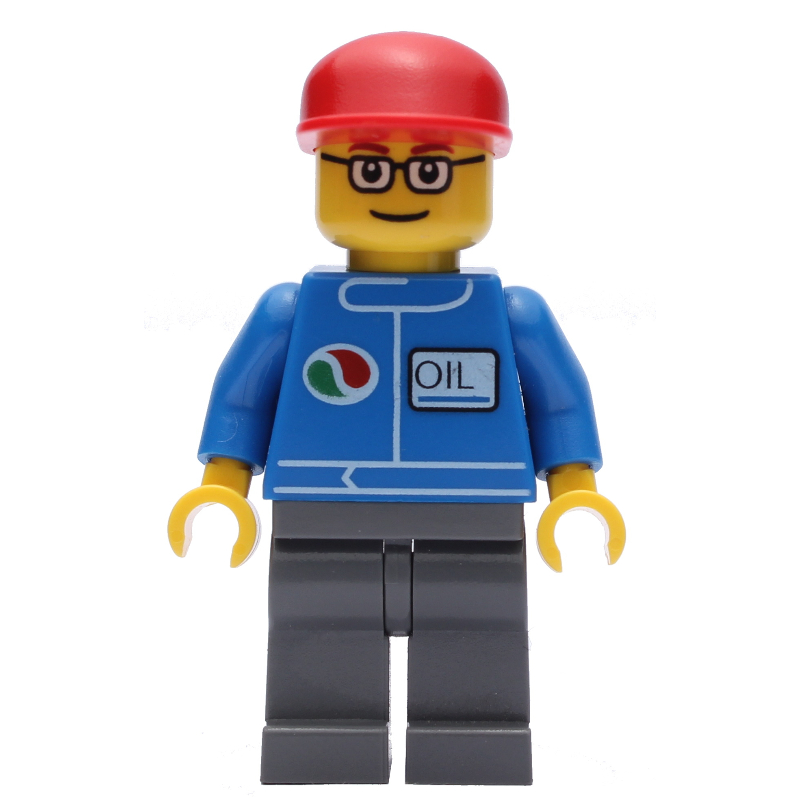 LEGO Mechanic, Blue Jumpsuit with Octan Logo, Dark Bluish Gray Legs, Red Cap, Glasses (fig-000832)