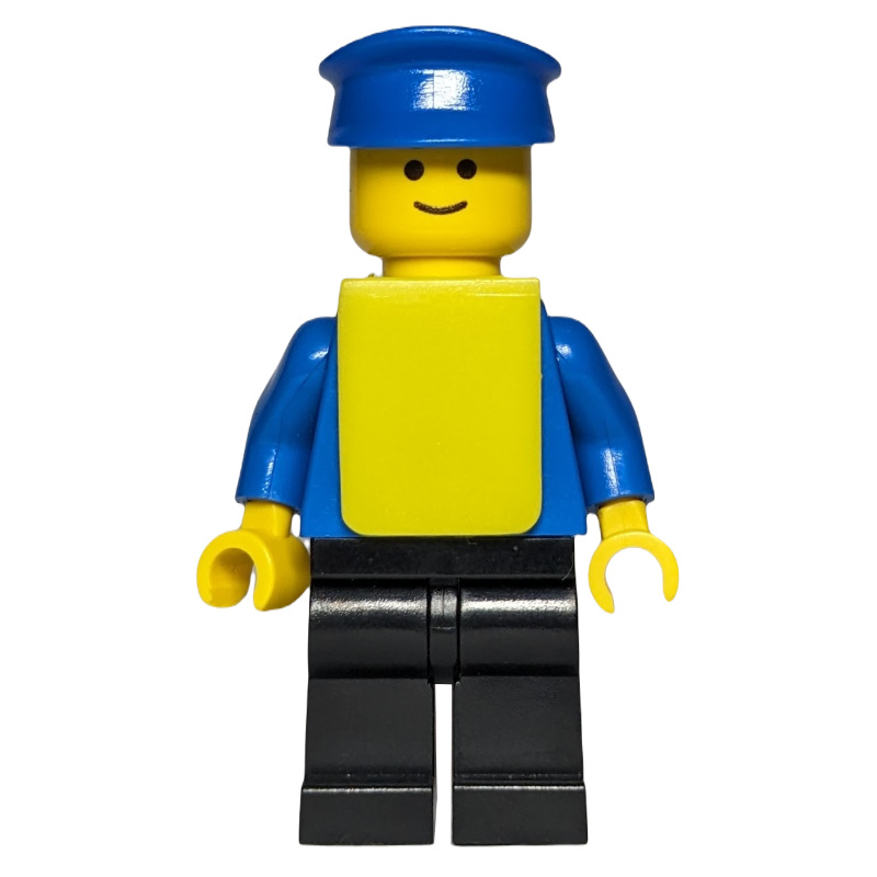 LEGO Man, Plain Blue Torso, Black Legs, Blue Hat, Yellow Vest (fig-000833)