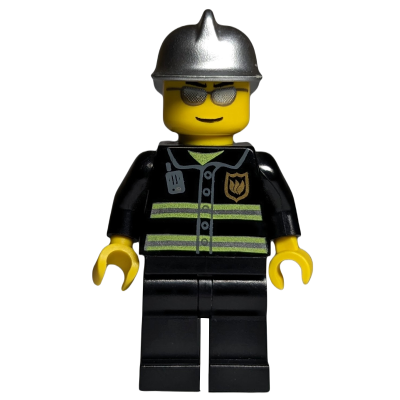 LEGO Fireman, Black Fire Jacket with Reflective Stripes, Radio, and Badge, Silver Helmet, Silver Sunglasses (fig-000845)