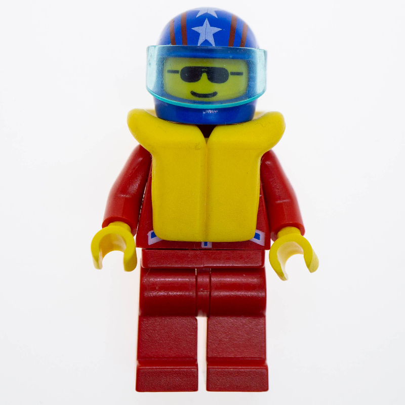LEGO Racer, Red Jacket with 2 Stars, Blue Helmet with Stars and Visor, Yellow Life Vest, Sunglasses (fig-000847)