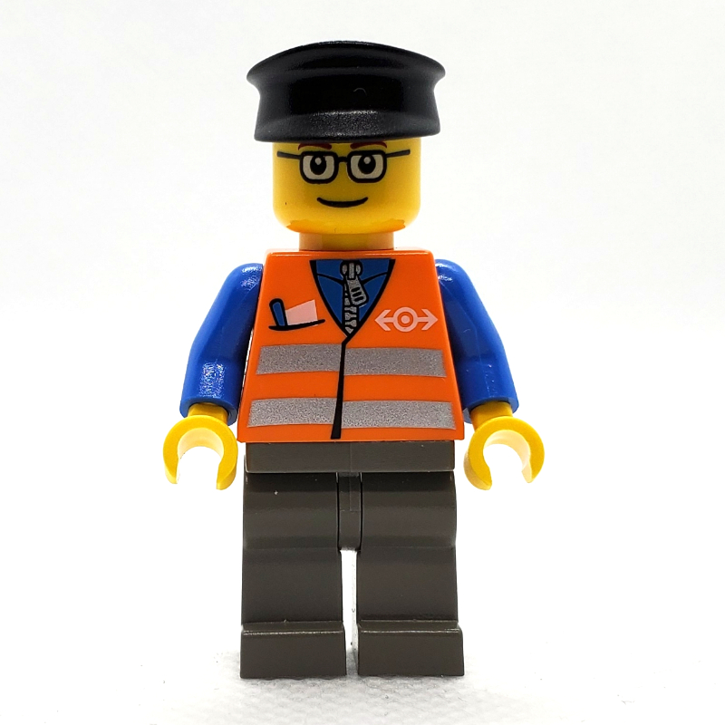 LEGO Train Worker, Orange Safety Vest with Train Logo, Dark Bluish Gray Legs, Black Hat, Glasses (fig-000853)