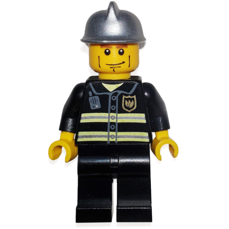 LEGO Fireman, Black Fire Jacket with Reflective Stripes, Radio, and Badge, Silver Helmet, Cheek Lines (fig-000854)