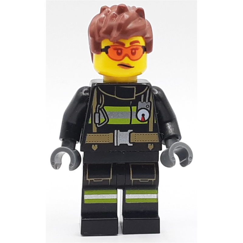 LEGO Firefighter, Black Fire Suit, Reddish Brown Hair, Orange Safety Glasses (fig-000884)