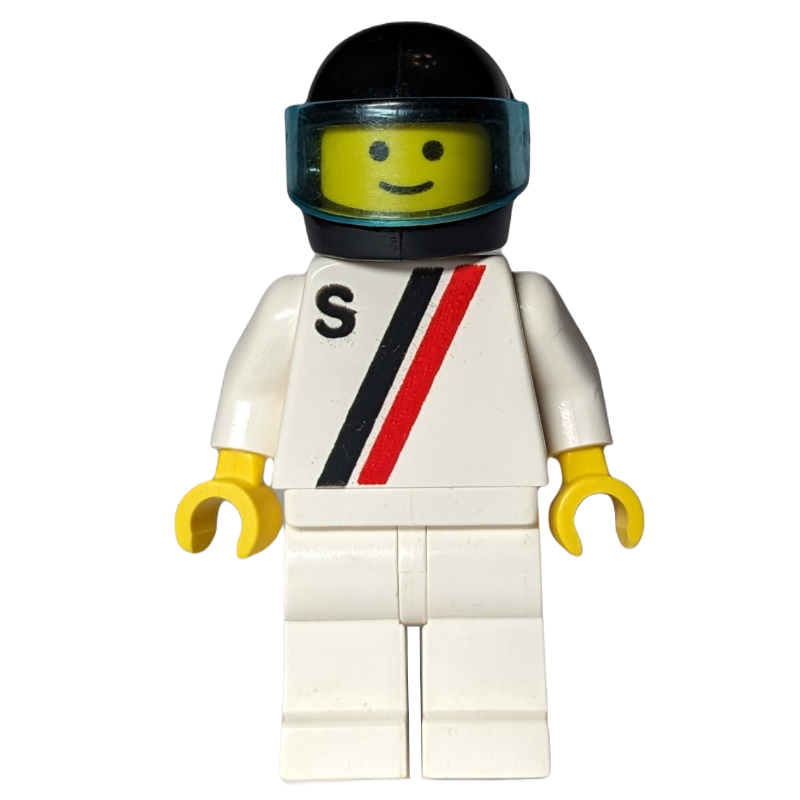 LEGO Racer, White Shirt with Two Stripes and 'S', White Legs, Black Helmet with Visor (3626a Head) (fig-000976)