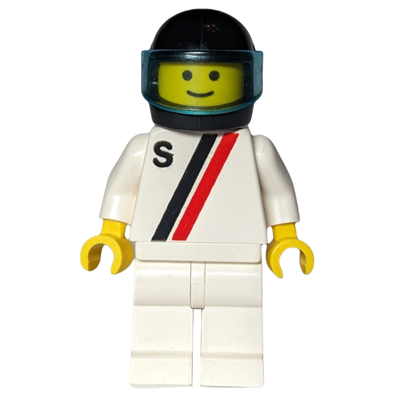 LEGO Racer, White Shirt with Two Stripes and 'S', White Legs, Black Helmet with Visor (3626b Head) (fig-000977)