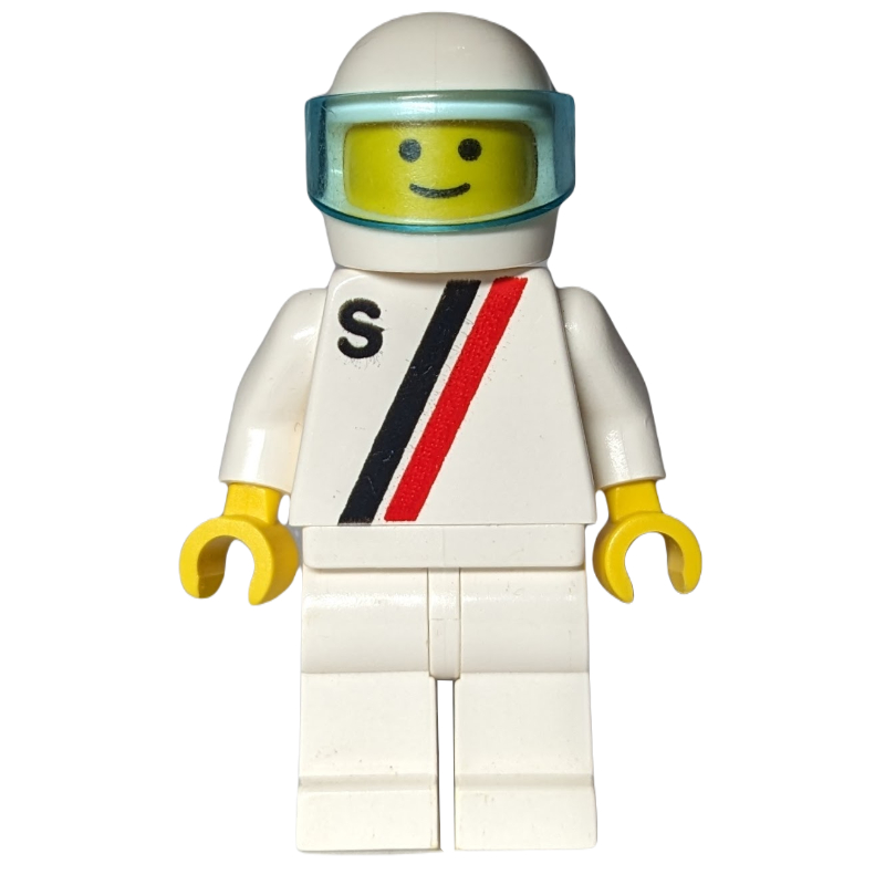 LEGO Racer, White Shirt with Two Stripes and 'S', White Legs, White Helmet with Visor (fig-000988)