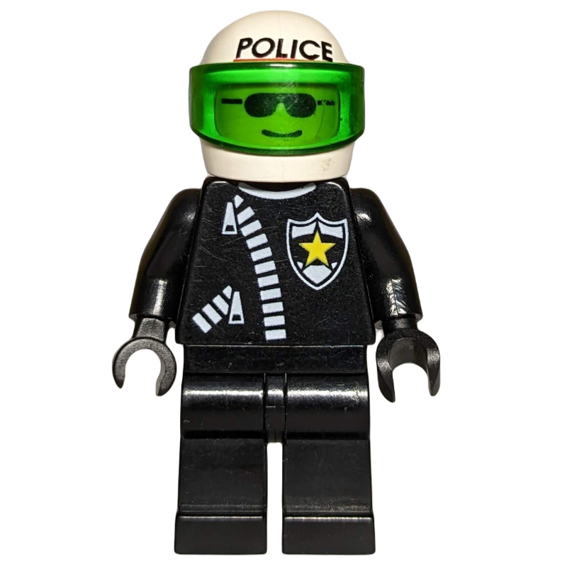 LEGO Policeman, Black Jacket with Zipper and Badge, White Helmet with 'POLICE' and Trans-Green Visor, Sunglasses (fig-000999)