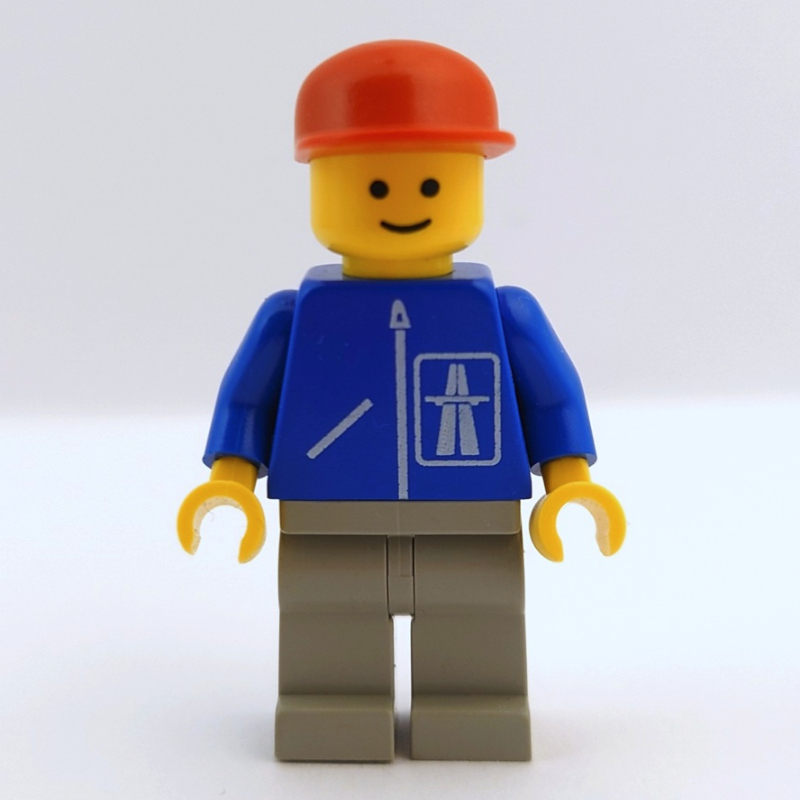 LEGO Man, Blue Jacket with Highway Logo, Light Gray Legs, Red Cap (fig-001007)