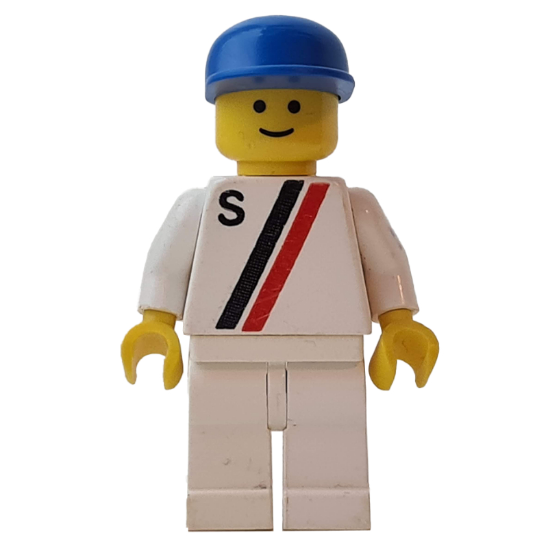 LEGO Racer, White Shirt with Two Stripes and 'S', White Legs, Blue Cap (fig-001009)