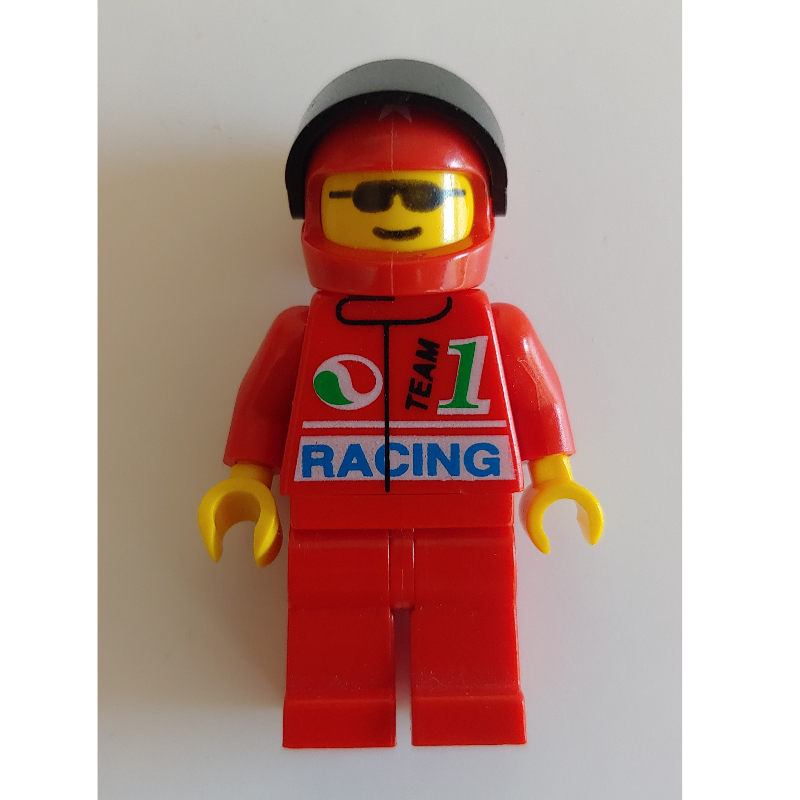 LEGO Racer, Red Jacket with Octan Logo and 'RACING', Red Legs, Red Helmet with Black Visor, Sunglasses (fig-001023)