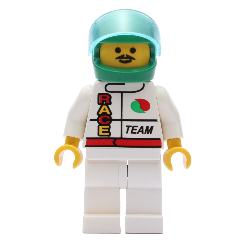 LEGO Racer, White Jacket with Octan Logo and 'RACE' and 'TEAM', Green Helmet with Visor, Moustache (fig-001040)