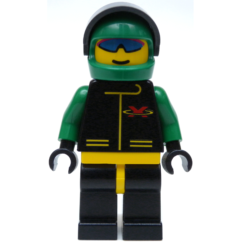LEGO Racer, Extreme Team, Black Jacket, Black Legs, Green Helmet with Visor, Blue Sunglasses (fig-001043)