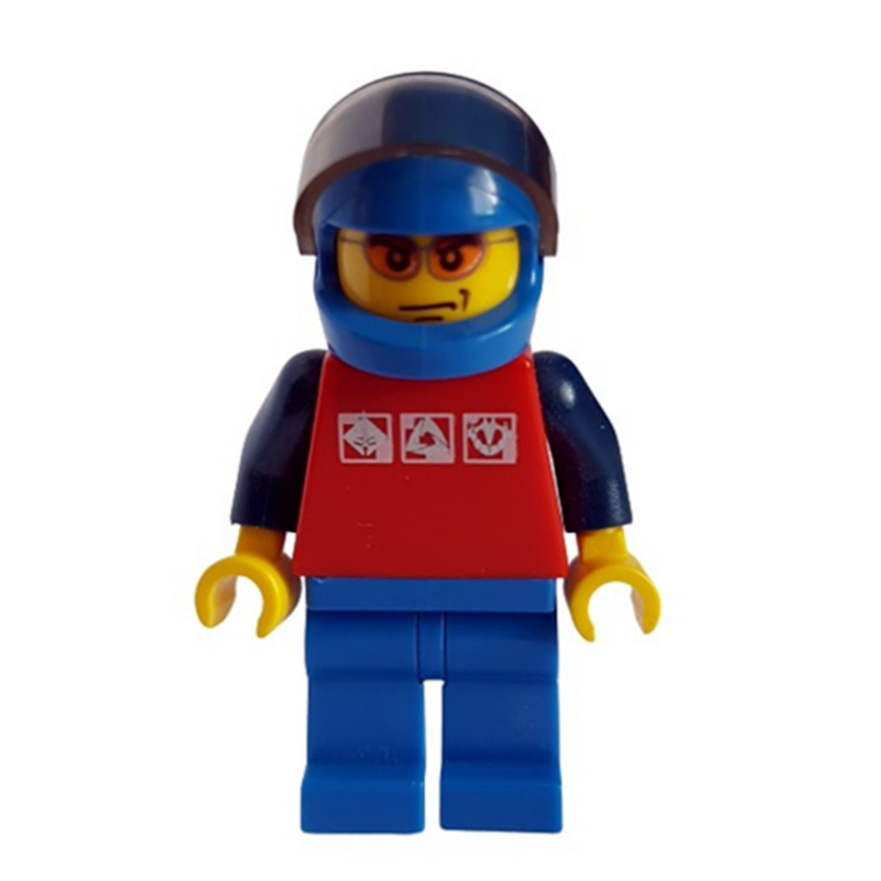 LEGO Man, Red Top with Dark Blue Arms, Blue Legs, Blue Helmet with Visor, Orange Sunglasses (fig-001045)