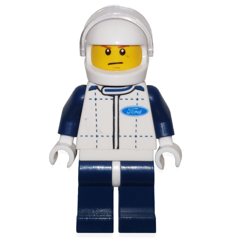 LEGO Race Driver, White Torso, Dark Blue Legs, White Helmet, Ford (fig-001065)