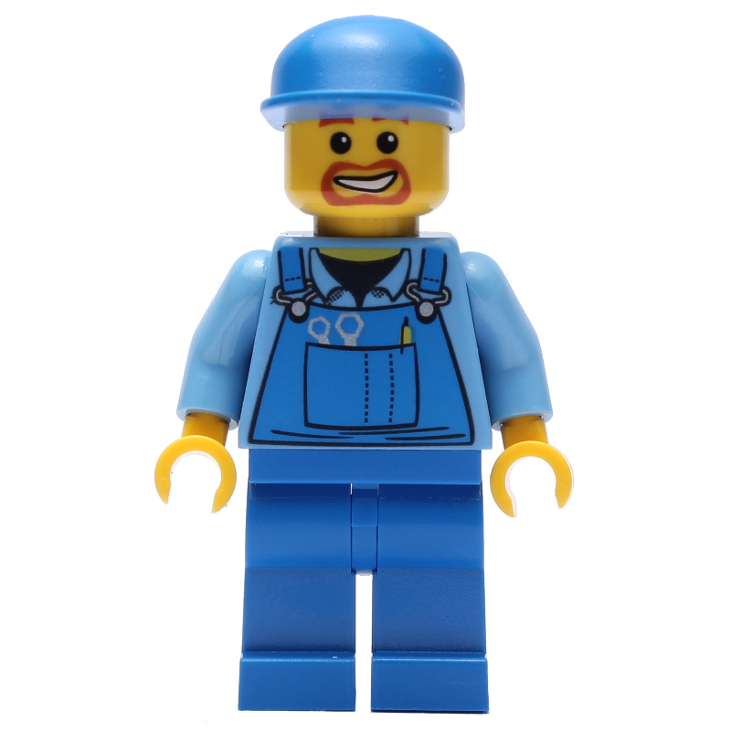 LEGO Construction Worker, Blue Overalls over Medium Blue Shirt, Blue Cap, Goatee Beard (fig-001067)