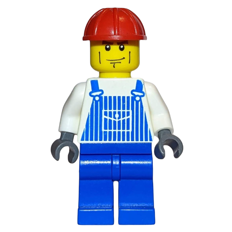 LEGO Construction Worker, White and Blue Overalls, Red Hard Hat, Cheek Lines (fig-001068)
