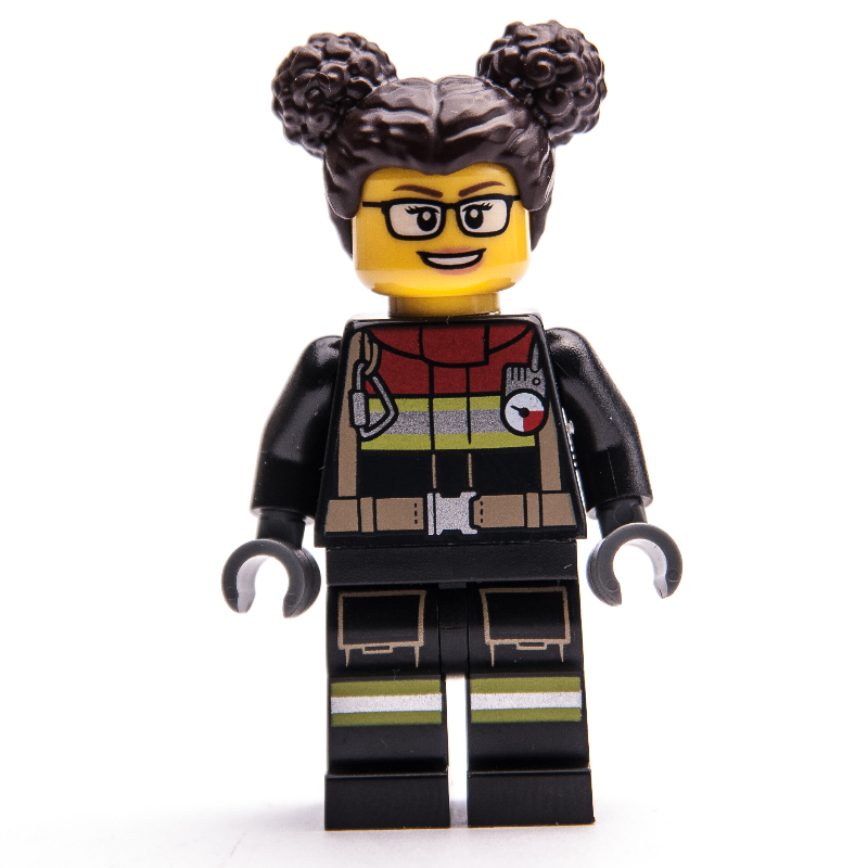 LEGO Firefighter, Black Fire Suit, Dark Brown Hair with Two Buns, Glasses (fig-001075)