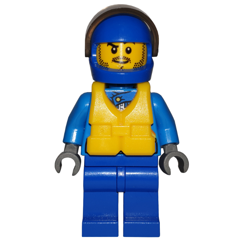 LEGO Racer, Dark Azure and Blue Jumpsuit, Blue Helmet with Visor, Yellow Life Vest (fig-001078)