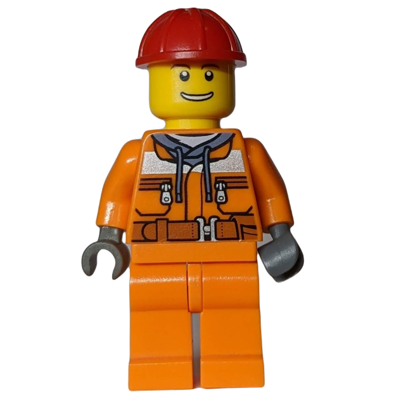 LEGO Construction Worker, Safety Jacket over Hoodie with Belt, Orange Legs, Red Hard Hat (fig-001082)