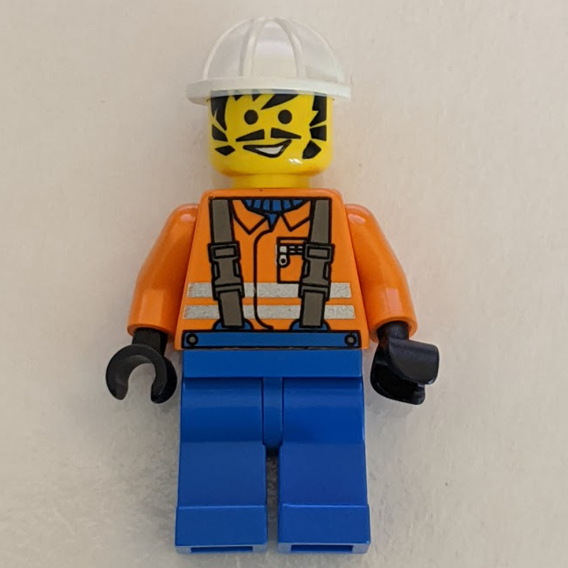 LEGO Construction Worker, Orange Jacket with Suspenders, White Hard Hat, Moustache and Sideburns (fig-001086)