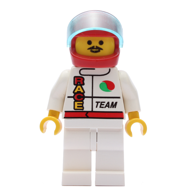 LEGO Racer, White Jacket with Octan Logo and 'RACE' and 'TEAM', Red Helmet with Visor, Moustache (fig-001089)