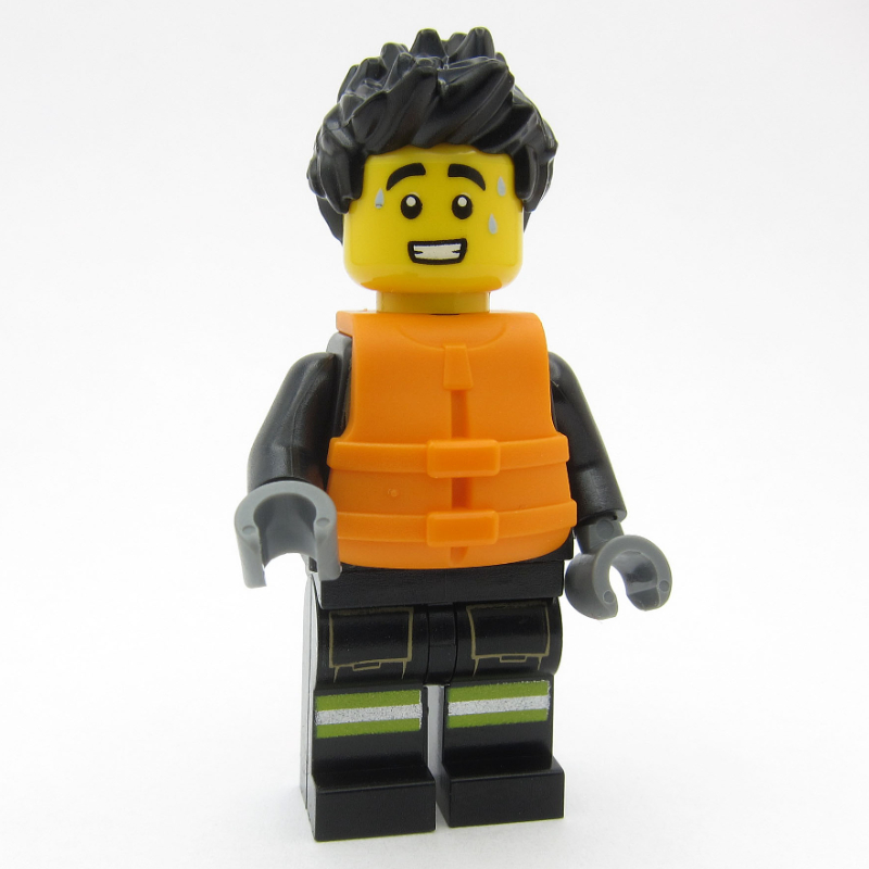 LEGO Firefighter, Black Fire Suit, Orange Life Jacket, Black Hair (fig-001093)