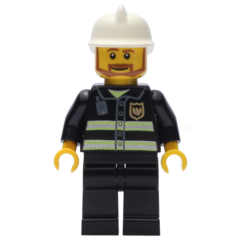LEGO Fireman, Black Fire Jacket with Reflective Stripes, Radio, and Badge, White Helmet, Angular Beard (fig-001100)