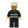 Fireman, Black Fire Jacket with Reflective Stripes, Radio, and Badge, White Helmet, Angular Beard