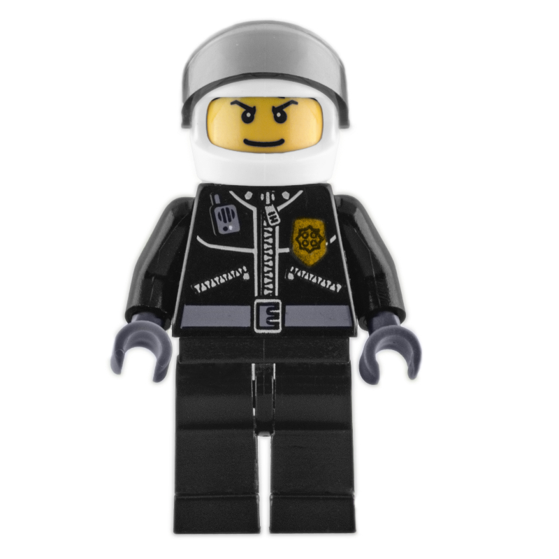 LEGO Policeman, Black Jacket with Zipper, Radio, and Badge, White Helmet and Visor, Printed Hair-line (fig-001105)