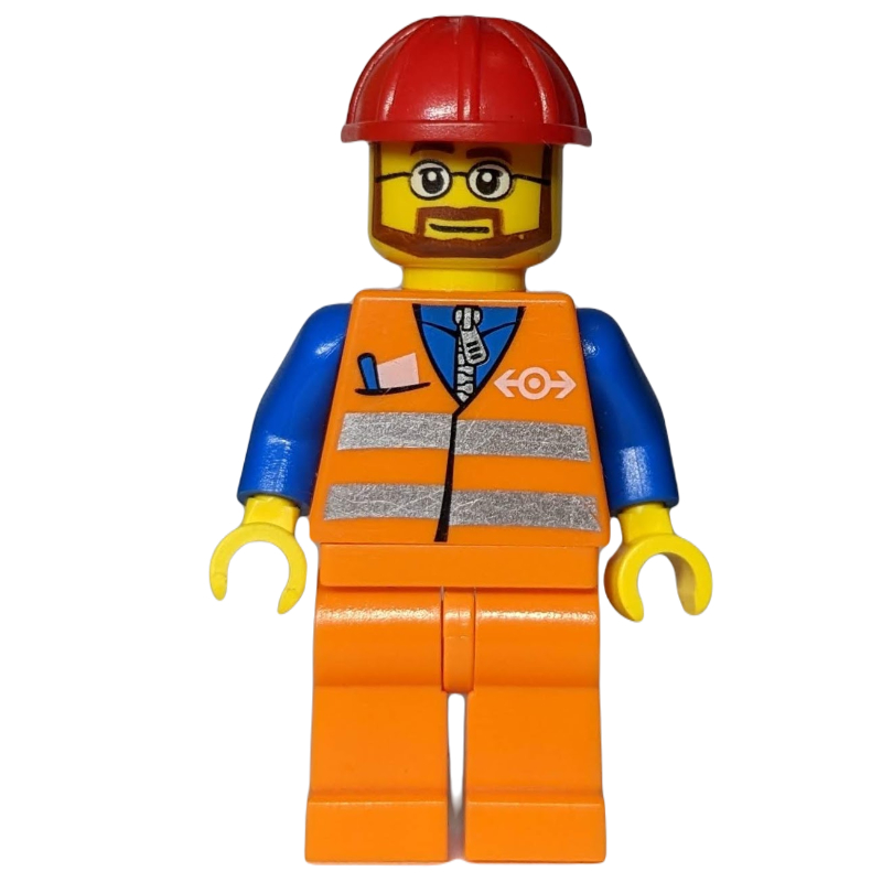 LEGO Worker - Orange Safety Vest, orange  Legs, Red Helmet, beard, Glasses (fig-001112)