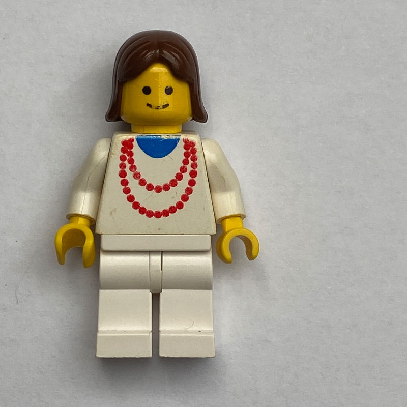 LEGO Woman, White Top with Red Necklace, White Legs, Brown Hair (fig-001118)