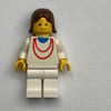 Woman, White Top with Red Necklace, White Legs, Brown Hair