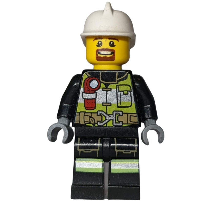 LEGO Fireman, Safety Vest with Flashlight, Pocket, and Belt, White Helmet, Goatee Beard (fig-001120)