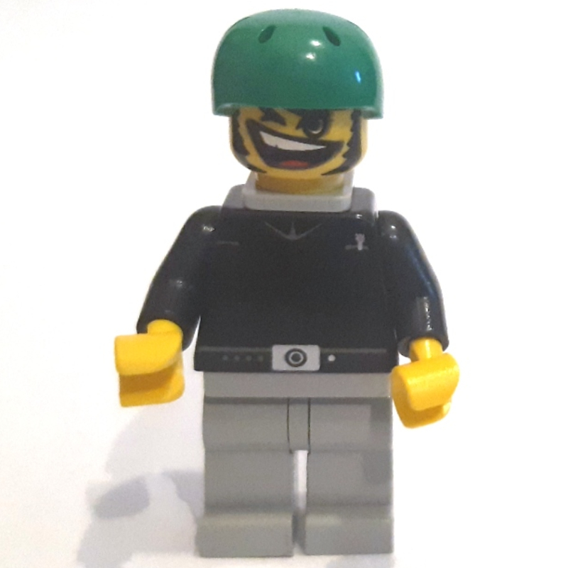LEGO Skateboarder Bill, Black, Green Helmet, Neck Bracket (fig-001128)