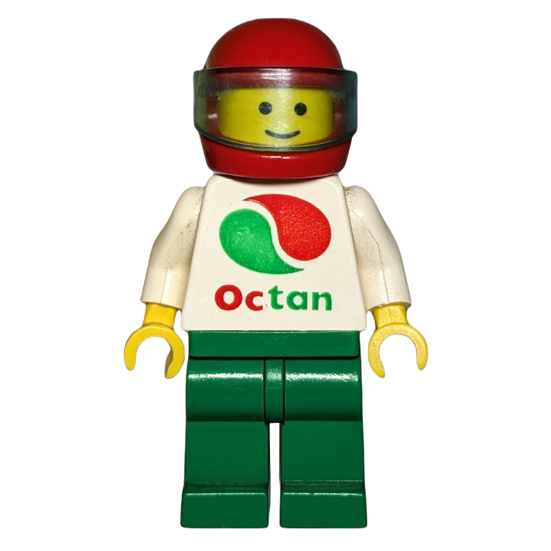 LEGO Pilot, White Shirt with Large Octan Logo, Green Legs, Red Helmet with Visor (fig-001131)